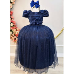 Vestido Infantil Azul Marinho Longo Damas C/ Renda Casamento