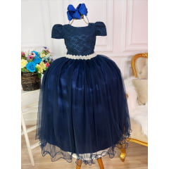 Vestido Infantil Azul Marinho Tule e Renda Longo Dama Luxo