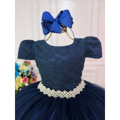 Vestido Infantil Azul Marinho Tule e Renda Longo Dama Luxo