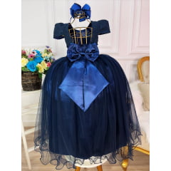 Vestido Infantil Azul Marinho Tule e Renda Longo Dama Luxo