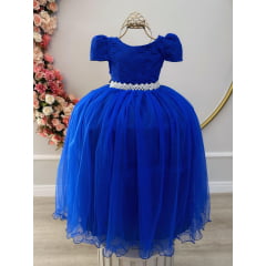 Vestido Infantil Azul Royal C/ Renda Realeza e Pérolas Damas