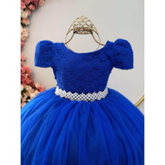 Vestido Infantil Azul Royal C/ Renda Realeza e Pérolas Damas