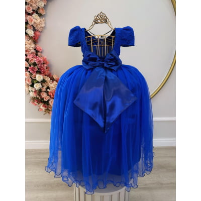 Vestido Infantil Azul Royal C/ Renda Realeza e Pérolas Damas