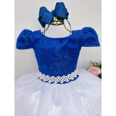 Vestido Infantil Azul Royal e Branco Damas Honra e Casamento