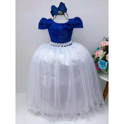 Vestido Infantil Azul Royal e Branco Damas Honra e Casamento