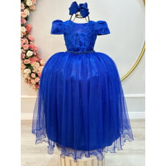 Vestido Infantil Azul Royal Longo Damas C/ Renda Casamento