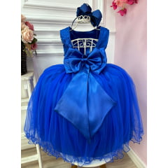 Vestido Infantil Azul Royal Renda Cinto C/ Strass e Pérolas