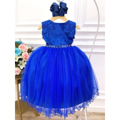 Vestido Infantil Azul Royal Renda Cinto C/ Strass e Pérolas