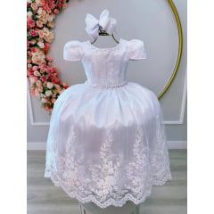 Vestido Infantil Branco C/ Cinto de Pérolas e Renda Realeza