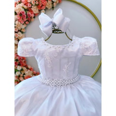 Vestido Infantil Branco C/ Cinto de Pérolas e Renda Realeza
