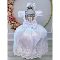 Vestido Infantil Branco C/ Cinto de Pérolas e Renda Realeza