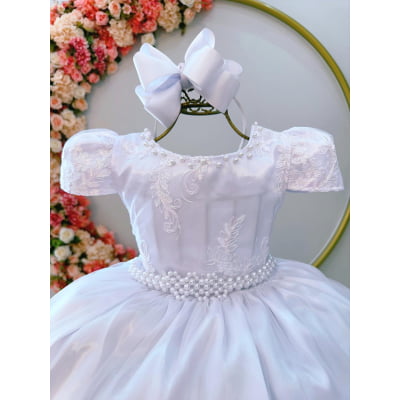 Vestido Infantil Branco C/ Cinto de Pérolas e Renda Realeza