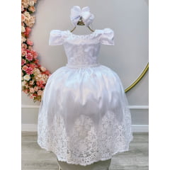 Vestido Infantil Branco C/ Renda Realeza Casamento Festas