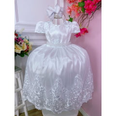 Vestido Infantil Branco C/ Renda Realeza e Cinto de Pérolas