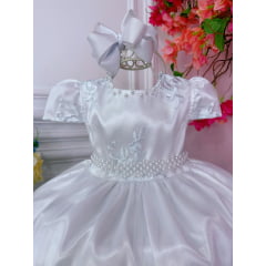 Vestido Infantil Branco C/ Renda Realeza e Cinto de Pérolas