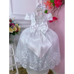 Vestido Infantil Branco C/ Renda Realeza e Cinto de Pérolas