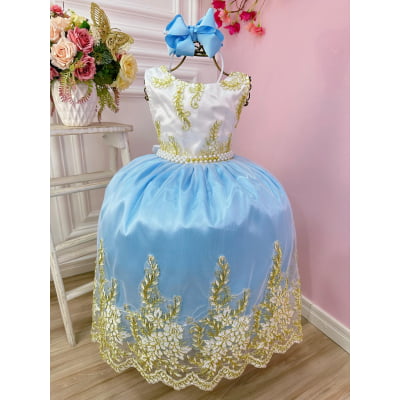 Vestido Infantil Branco Com Azul e Renda Realeza Damas