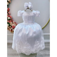 Vestido Infantil Branco Com Renda Realeza Casamentos Longo