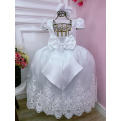 Vestido Infantil Branco Com Renda Realeza e Cinto de Pérolas