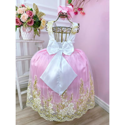 Vestido Infantil Branco Com Rosa e Renda Realeza Damas