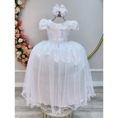 Vestido Infantil Branco Longo Damas Renda Realeza Metalizada