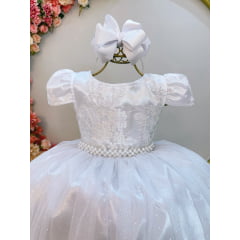 Vestido Infantil Branco Longo Damas Renda Realeza Metalizada