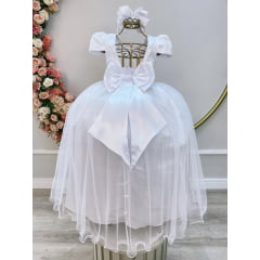 Vestido Infantil Branco Longo Damas Renda Realeza Metalizada