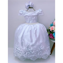 Vestido Infantil Branco Luxo Pérola Rendado Casamento Damas