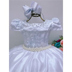 Vestido Infantil Branco Luxo Pérola Rendado Casamento Damas