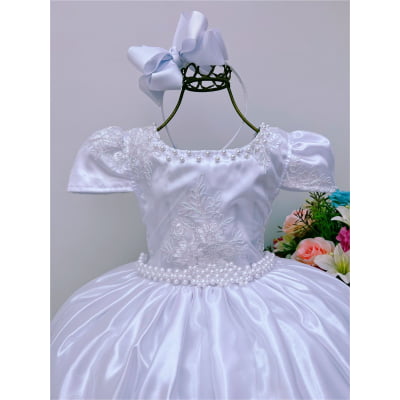 Vestido Infantil Branco Luxo Pérola Rendado Damas Casamento
