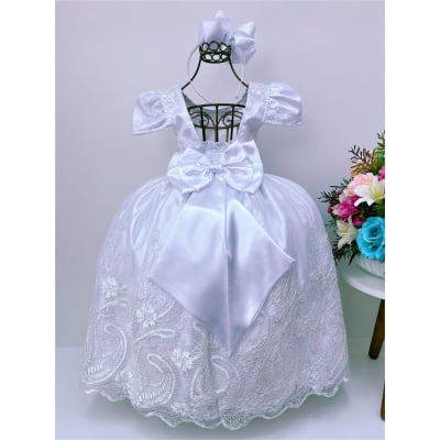 Vestido Infantil Branco Luxo Pérola Rendado Damas Casamento