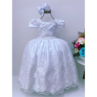 Vestido Infantil Branco Luxo Pérola Rendado Damas Casamento