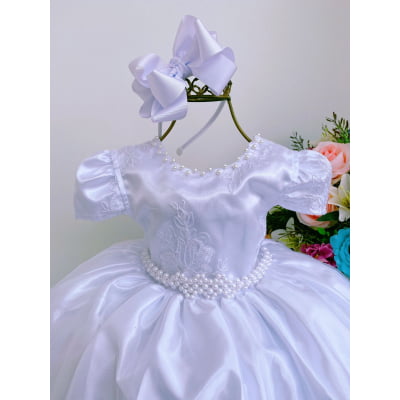 Vestido Infantil Branco Luxo Pérolas Rendado Damas Casamento