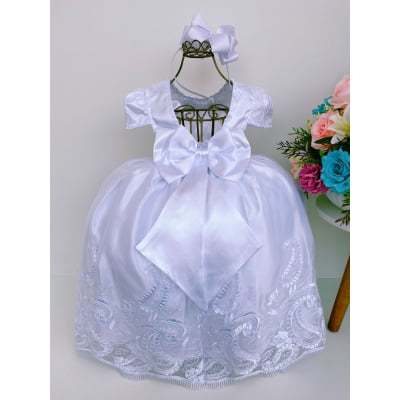 Vestido Infantil Branco Luxo Pérolas Rendado Damas Casamento