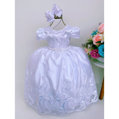 Vestido Infantil Branco Luxo Pérolas Rendado Damas Casamento