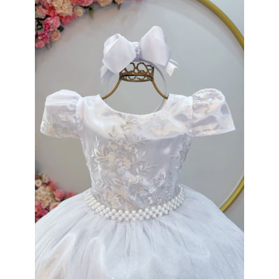 Vestido Infantil Branco Realeza C/ Renda e Pérolas Damas