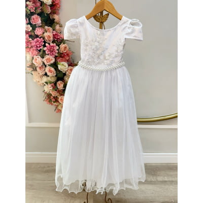 Vestido Infantil Branco Realeza C/ Renda e Pérolas Damas
