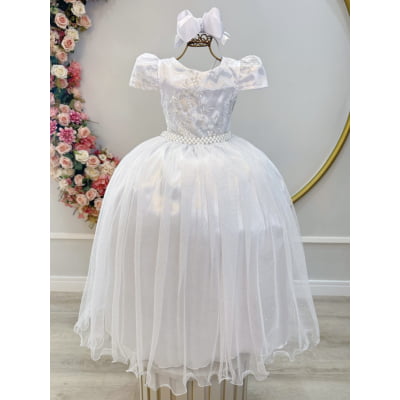 Vestido Infantil Branco Realeza C/ Renda e Pérolas Damas