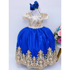 Vestido Infantil Damas de Honra Azul Royal e Marfim Realeza