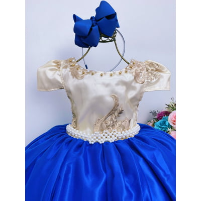 Vestido Infantil Damas de Honra Azul Royal e Marfim Realeza