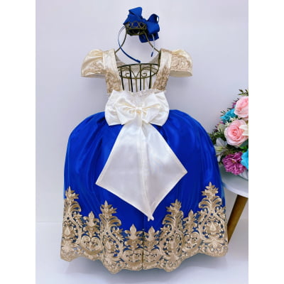 Vestido Infantil Damas de Honra Azul Royal e Marfim Realeza
