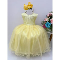 Vestido Infantil Damas de Honra Longo Amarelo Strass Pérolas