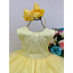 Vestido Infantil Damas de Honra Longo Amarelo Strass Pérolas