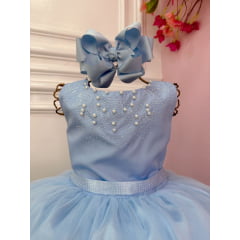Vestido Infantil Damas de Honra Longo Azul Bebê com Pérolas