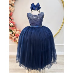 Vestido Infantil Damas de Honra Longo Azul Marinho e Pérolas