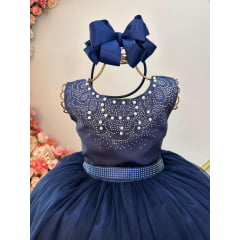 Vestido Infantil Damas de Honra Longo Azul Marinho e Pérolas