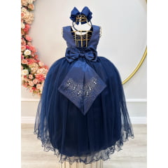 Vestido Infantil Damas de Honra Longo Azul Marinho e Pérolas