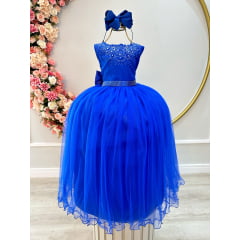 Vestido Infantil Damas de Honra Longo Azul Royal C/ Pérolas
