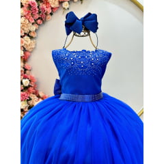 Vestido Infantil Damas de Honra Longo Azul Royal C/ Pérolas