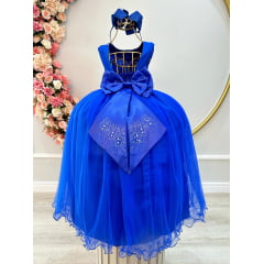 Vestido Infantil Damas de Honra Longo Azul Royal C/ Pérolas